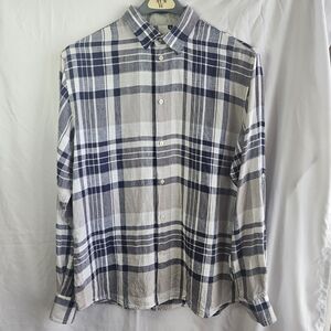 BLU Saks Fifth Avenue Linen Plaid Button Down‎ Shirt Slim Fit L